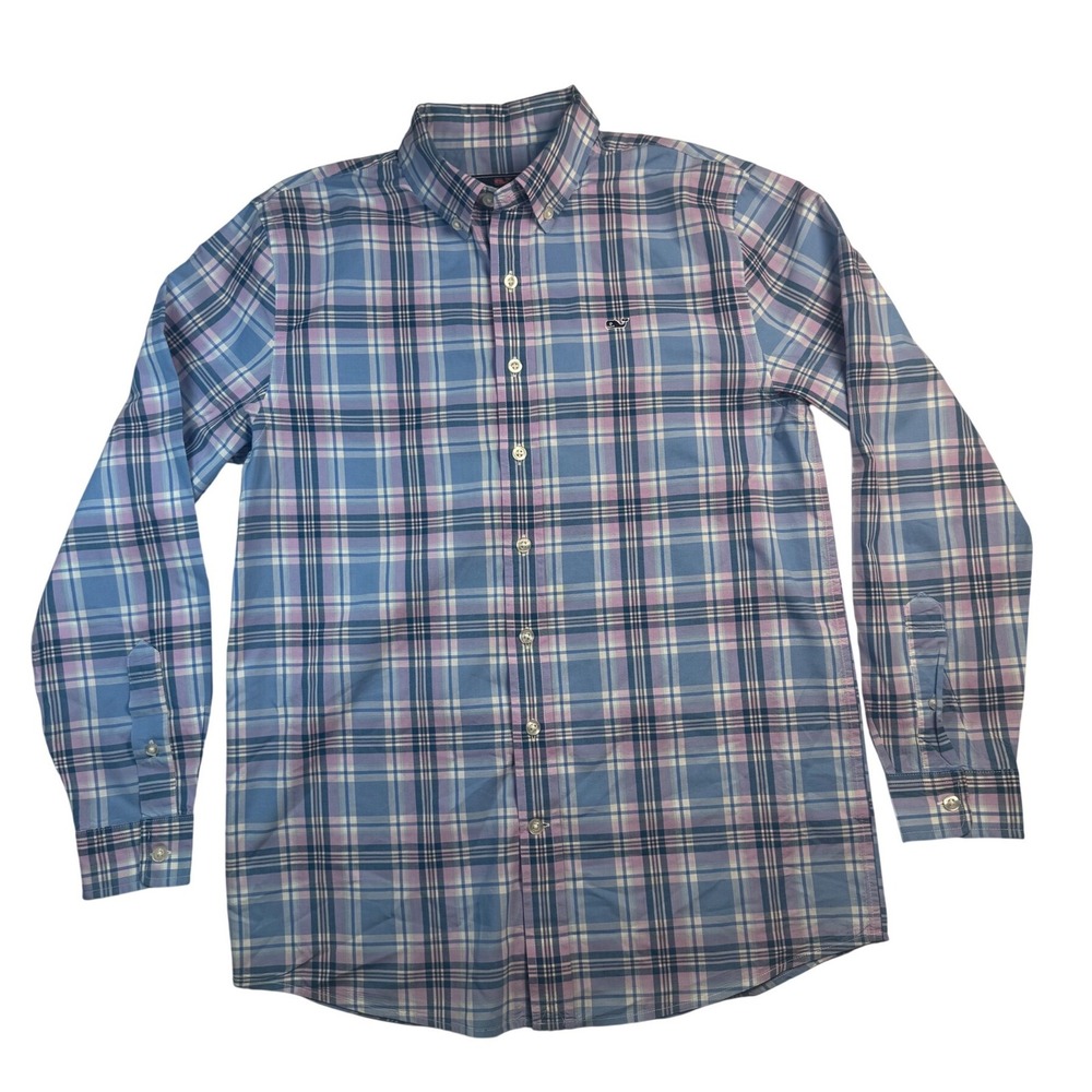 Vineyard Vines Whale Shirt Boys Large 16 Blue Purple Plaid Button Down Cotton